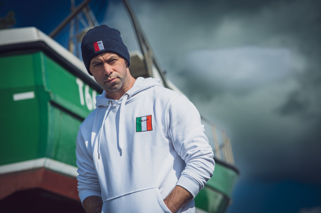 Navy cork beanie on man in white Ireland hoodie