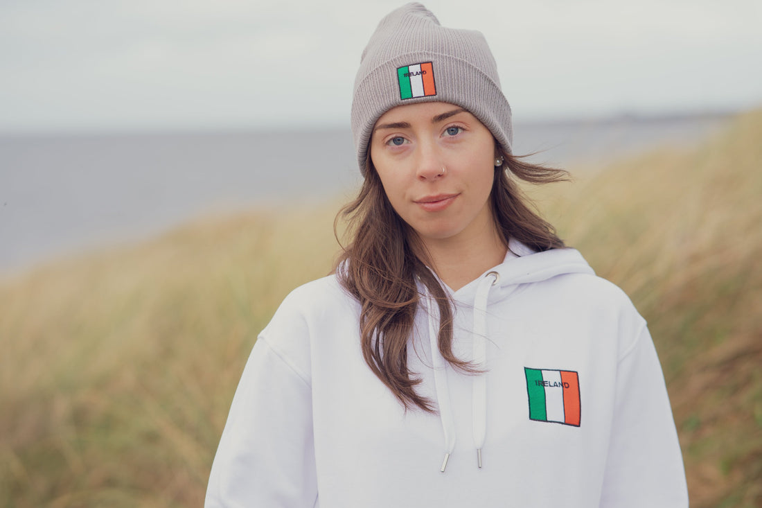 ICC beanie and white hoodie, Ireland emblem