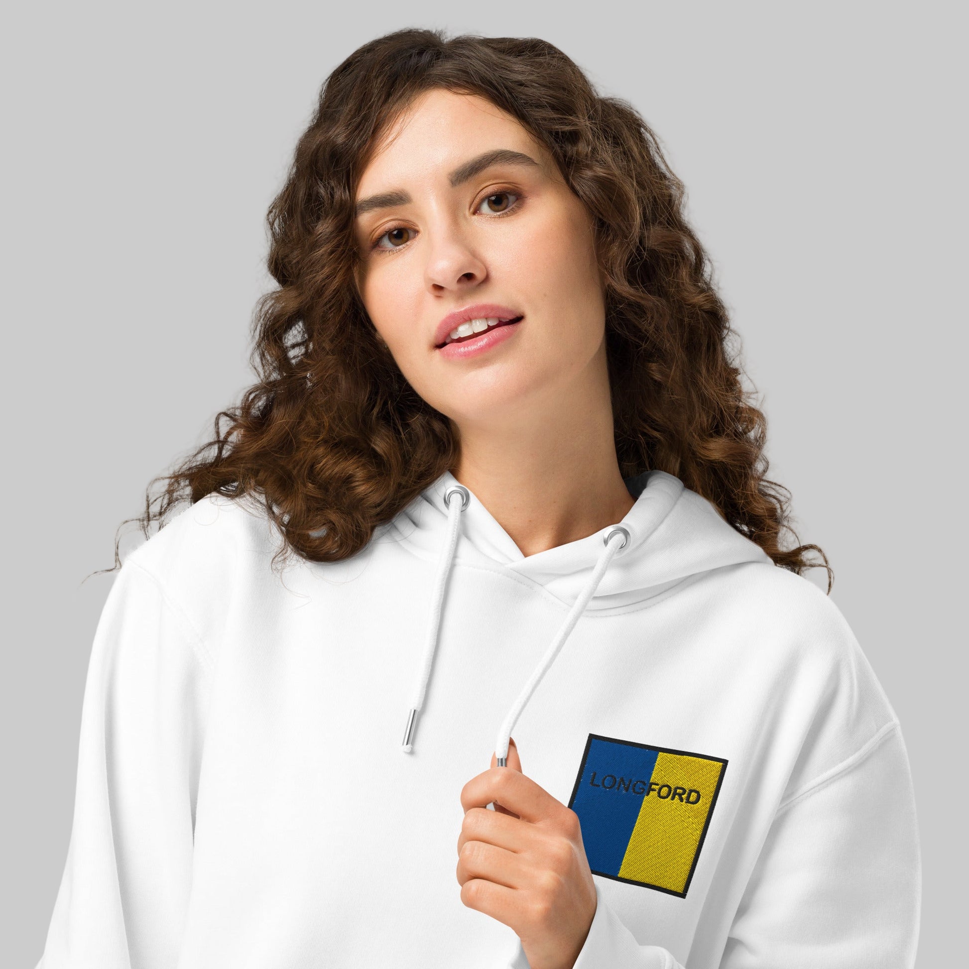 Woman wearing a white hoodie 