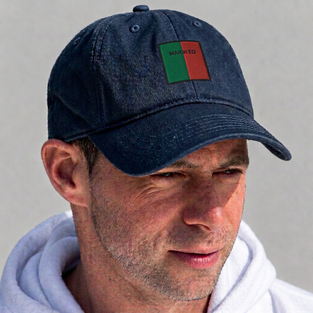 A man wearing a dark navy blue baseball cap with a small rectangular patch on the front that reads 'MADE' in black text over green and red blocks. The man is also wearing a white hoodie against a plain light gray background.