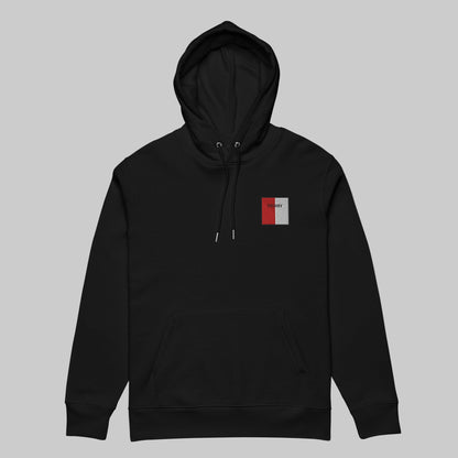 Black hoodie with embroidered Derry emblem front left
