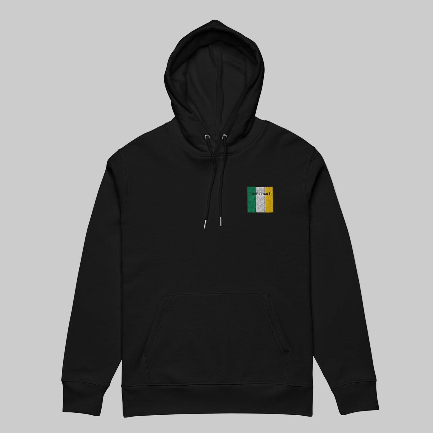 Black hoodie with a UIBH FHAILÍ emblem 