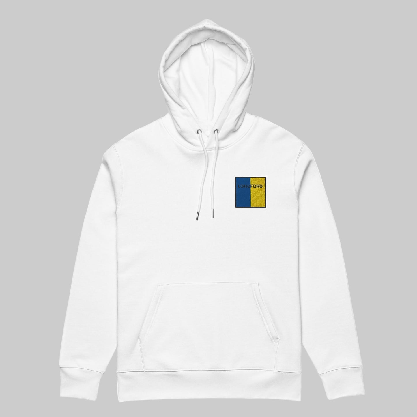 White hoodie with a county Longford embroidered emblemleft front 