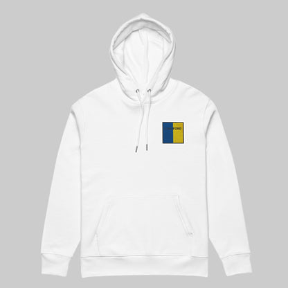 White hoodie with a county Longford embroidered emblemleft front 